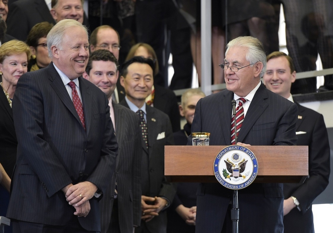 With Ambassador Thomas Shannon at his side, Secretary of State Rex Tillerson addresses State Department employees upon arrival at the department on February 2, 2017.  (Mandel Ngan / AFP / Getty Images) 