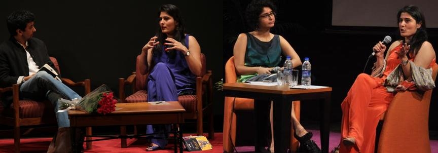 Left image: Ashvin Kumar (L) and Sharmeen Obaid-Chinoy (R) in New Delhi on July 23, 2012. Right image: Karin Rao (R) and Sharmeen Obaid-Chinoy (L) discuss "Saving Face" in Mumbai on July 24. 