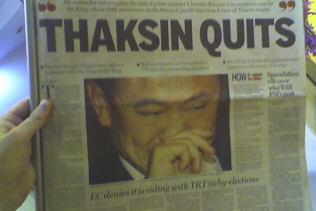 Thai newspaper reports on Prime Minister Thaksin Shinawatra's resignation. (Photo by LeeLeFever/flickr)