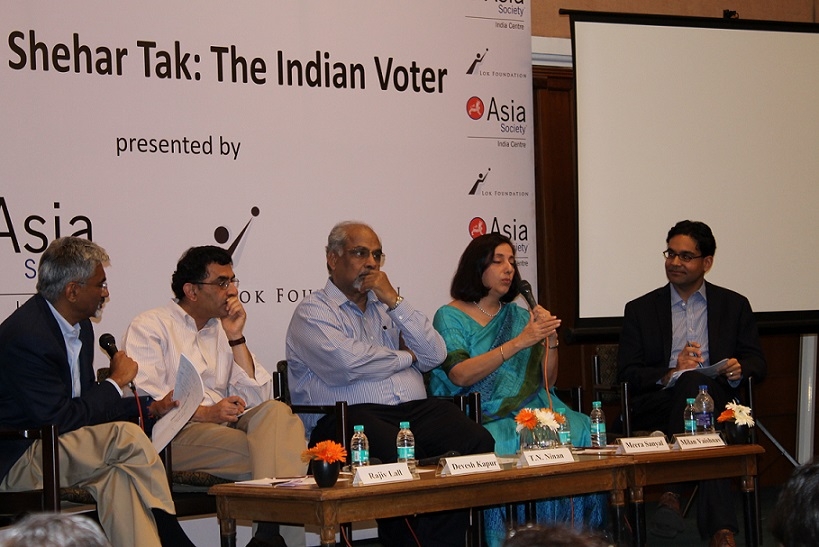 L-R: Rajiv Lall, Executive Chairman, IDFC and Founding Chairman, Lok Foundation, Devesh Kapur, Director, Center for Advanced Study of India, University of Pennsylvania,T.N. Ninan, Chairman, Business Standard Ltd., Meera Sanyal, South Mumbai Candidate for the Aam Aadmi Party and Milan Vaishnav, Associate, South Asia Program, Carnegie Endowment for International Peace