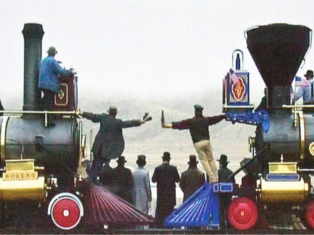 Zhi Lin, “Chinaman’s Chance” on Promontory Summit: Golden Spike Celebration, 12:30 PM, 10th May 1869 (detail), 2015, HD video projection on painting (charcoal/oil on canvas), Courtesy of the artist and Koplin Del Rio Gallery, Culver City, CA