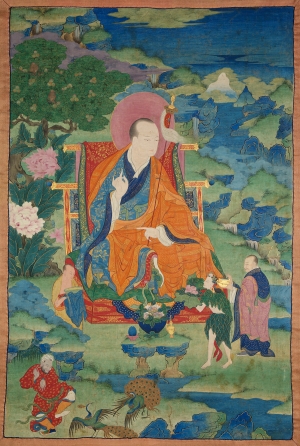 Vajriputra Arhat. 17th century. Possibly Kham (East Tibet). Tradition: Gelug. Pigments on cloth. MU-CIV/MAO "Giuseppe Tucci," inv. 926/759. Placement as indicated on verso: 3rd from right. Image courtesy of the Museum of Civilisation/Museum of Oriental Art "Giuseppe Tucci," Rome.  