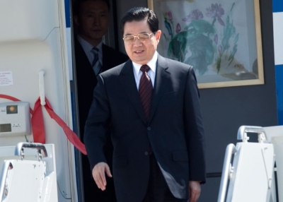 Hu Jintao, President of the People's Republic of China, arrives at Andrews Air Force Base April 12, 2010 in Maryland to attend a Nuclear Security Summit. (Brendan Smialowski/Getty Images)