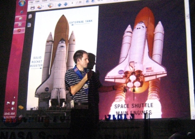 Adam Gilmore, Division Chief Engineer for NASA's Space Shuttle Program, explains how to power a space shuttle in the Philippines on Aug. 14, 2010. (Asia Society Philippines Center)