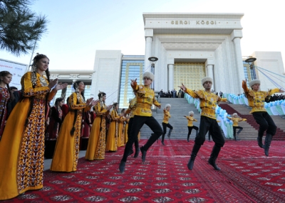 Dancers kick off the annual oil and gas conference in the Turkmen capital of Ashgabat