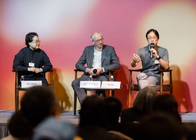 Evening dialogue between John Howkins (middle) and Yat Siu (right), moderated by Ada Wong (left) at Asia Society Hong Kong Center on October 16, 2014.