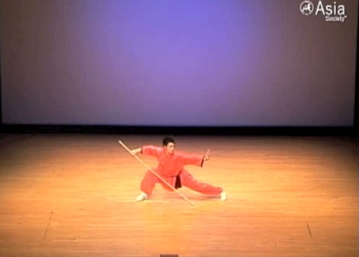 A disciple from the Shaolin Temple Overseas Headquarters on the Asia Society stage in New York on May 23, 2011. (Slideshow and video below.)