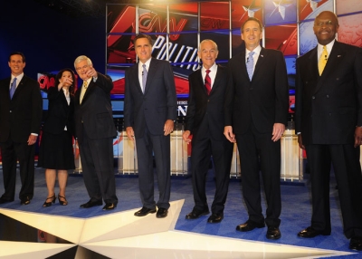 Candidates pose for a group photo before the first 2012 Republican presidential candidates' debate in Manchester, New Hampshire June 13, 2011. (Emmanuel Dunand/AFP/Getty Images)
