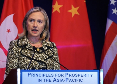US Sec. of State Hillary Clinton gives a speech at the American Chambers of Commerce in Hong Kong on July 25, 2011. Clinton told Asian business leaders she was confident US lawmakers would reach a deal to avert a debt default. (Mike Clarke/AFP/Getty Images) 