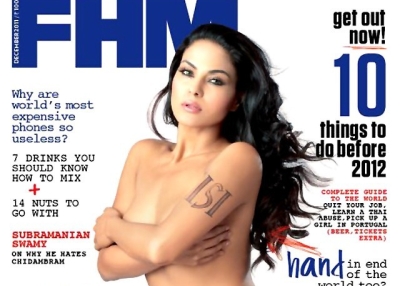 Veena Malik on the cover (cropped) of the December 2011 issue of FHM India. (FHMIndia.com)