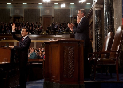 In Washington, Lee Myung-bak (L), President of the Republic of Korea, begins his address to Congress, with Vice President Joe Biden and Speaker John Boehner (R) behind him, on Oct. 13, 2011. (Flickr/SpeakerBoehner) 