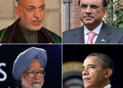 Clockwise from top left: Hamid Karzai, President, Afghanistan; Asif Ali Zardari, President, Pakistan; Barack Obama, President, United States; Manmohan Singh, Prime Minister, India. (Secretary of Defense,&nbsp;The Prime Minister&#39;s Office,&nbsp;US Department of Labor&nbsp;and&nbsp;London Summit/Flickr)