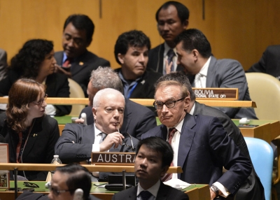 Australia Foreign Minister Bob Carr (R) during the United Nations General Assembly session October 18, 2012 before the vote for non-permanent membership of the UN Security Council for the years 2013-2014 in New York. (Stan Honda/AFP/Getty Images)