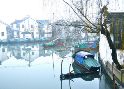 Boats rest under a drooping tree in the still waters of Zhouzhuang, China on January 14, 2013. (Sharon Hahn Darlin/Flickr)