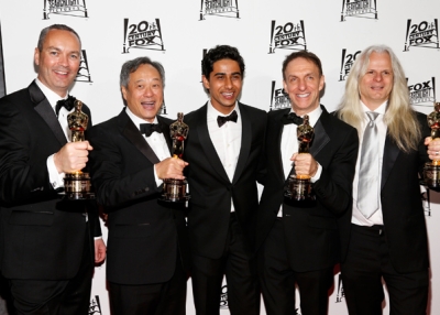 L to R: Animation director Erik-Jan De Boer, director Ang Lee, actor Suraj Sharma, composer Mychael Danna, and cinematographer Claudio Miranda attend the 20th Century Fox Academy Award Nominees Celebration on February 24, 2013 in Hollywood, California. (Imeh Akpanudosen/Getty Images)