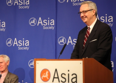 Orville Schell (L) and David Shambaugh (R) at Asia Society New York on February 27, 2013. 