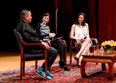 L to R: Kenzo Digital, Melissa Chiu, and Wendi Murdoch onstage at Asia Society New York on March 4, 2013. (C. Bay Milin/Asia Society)