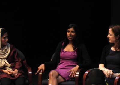 L to R: Shabana Basij-Rasikh, Su Balasubramanian, and Zoe Timms following a partial screening of "Girl Rising" at Asia Society New York on April 10, 2013. 