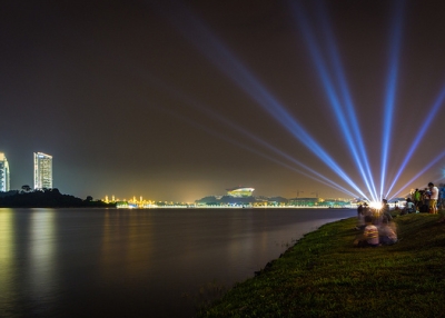 Laser lights brighten the night sky in Putrajaya, Malaysia on August 30, 2013. (Jeffrey Goh/Flickr) 