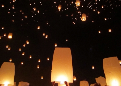 Hundreds of sky lanterns light up the night's sky during the Yi Peng Festival in Chiang Mai, Thailand on November 16, 2013. (shelmac/Flickr)