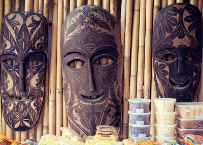 Ornately carved masks decorate a restaurant in Cavite, Philippines on December 26, 2013. (Roberto Verzo/ Flickr)