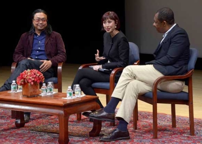 L to R: Rirkrit Tiravanija, Melissa Chiu, and Okwui Enwezor at Asia Society New York on May 5, 2014. (Elsa Ruiz/Asia Society)