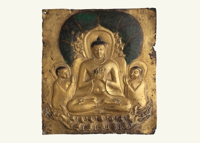 Plaque with image of seated Buddha; Pagan period, 11th–13th century; Gilded metal with polychrome; H. 7 x W. 61/4 x D. 1/4 in. (17.8 x 15.9 x 0.6 cm). Bagan Archaeological Museum. (Sean Dungan)