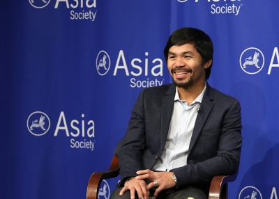Manny Pacquiao talks to the press at Asia Society in New York on the eve of accepting Asia Society's Asia Game Changer of the Year award on Monday, October 12, 2015. (Ellen Wallop/Asia Society)