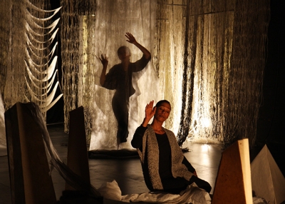 Performer Karen Kandel as 'papermaker' in 'Recycling: Washi Tales.' (Valerie Oliveiro)