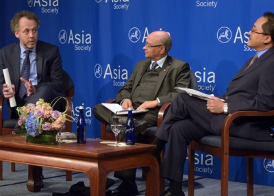 Jo Scheuer, Kul Chandra Gautam, and Sanjeev Sherchan discussed Nepal's reconstruction at Asia Society on Thursday night. (Elsa Ruiz/Asia Society)