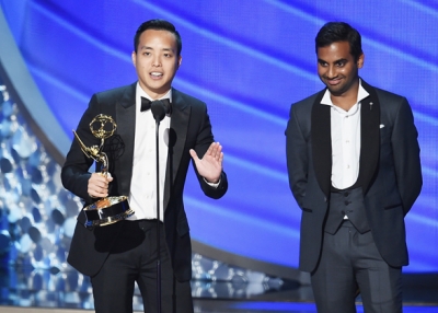 Actor/writer Aziz Ansari (R) and writer Alan Yang accept Outstanding Writing for a Comedy Series for the 'Master of None' episode 'Parents' onstage during the 68th Annual Primetime Emmy Awards at Microsoft Theater on September 18, 2016 in Los Angeles, California. (Kevin Winter/Getty Images)