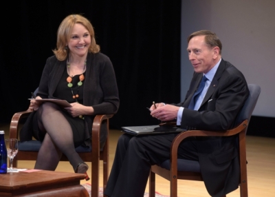 Asia Society President and CEO Josette Sheeran shares a laugh with General (Ret.) David Petraeus at Asia Society in New York on April 11, 2017. (Elsa Ruiz/Asia Society)