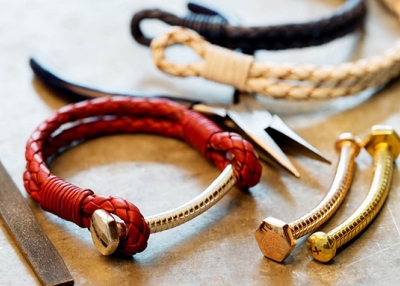 Carrie K.'s bolt bracelets made from leather and gold. (Image courtesy of Carrie K)