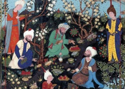 Detail from "Ferdowsi encounters the court poets of Ghazna," from the Shahnameh of Shah Tahmasp, ca. 1532, attributed to Aqa Mirak (Aga Khan Trust for Culture). Featured on the cover of "The World of Persian Literary Humanism" by Hamid Dabashi (Harvard University Press, 2012).