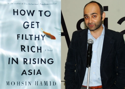 L: American cover art for "How to Get Filthy Rich in a Rising Asia," the forthcoming novel by Mohsin Hamid (R), shown here at an Asia Society India Centre event in Mumbai in Dec. 2012. 