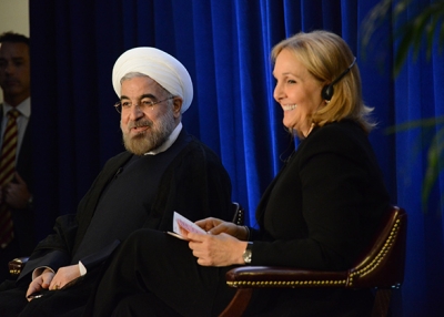 Iranian President Hassan Rouhani speaks with Asia Society President Josette Sheeran in New York on September 26, 2013. (Kenji Takigami/Asia Society)