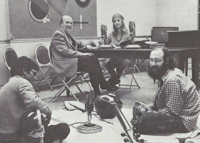 On Asia Society’s “Window on Asia” radio program in 1972, Lee Graham interviews Dr. Willard Rhodes about Indian played by Vasant Rai (L), accompanied by Donald Heller (R). (Asia Society)