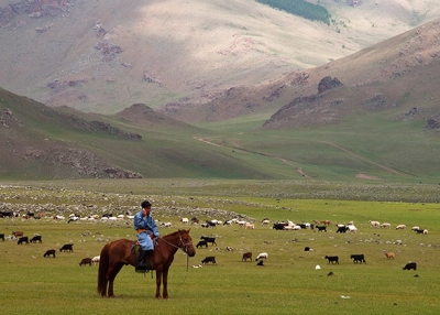 A shepherd in Arhangay, Mongolia chats on a cell phone while tending to his herd. (Flickr/Evgeni Zotov)
