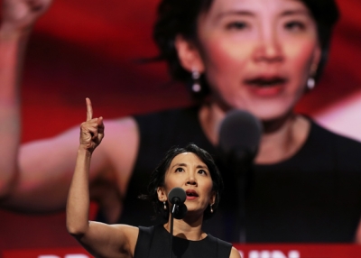 New Mexico delegate Dr. Lisa Shin gestures as she delivers a speech on the fourth day of the Republican National Convention on July 21, 2016 at the Quicken Loans Arena in Cleveland, Ohio. (John Moore/Getty Images)