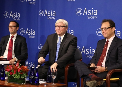 (L to R) Evan Medeiros, Kevin Rudd, and Daniel H. Rosen speak at Asia Society New York. (Ellen Wallop/Asia Society)