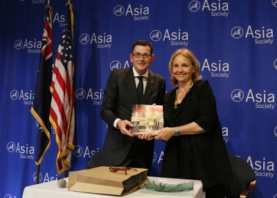 Victorian Premier Daniel Andrews and Asia Society President Josette Sheeran after the signing of the partnership agreement between Asia Society and Victorian Government, Asia Society, New York, 31 May 2016