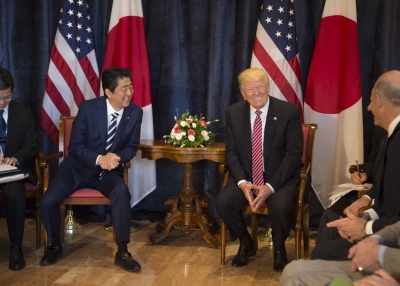President Donald Trump and Prime Minister Shinzō Abe at the Hotel Villa Diodoro in Taormina, Italy