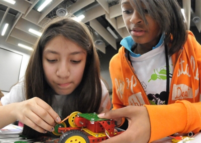 Two girls working on a STEM project