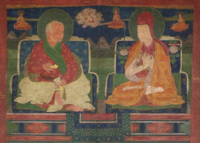 (Detail) The Sakya Lamdre lineage (Lam ‘bras rgyud). 16th–17th century CE. Tsang, Tibet. Pigment on cloth. H. 35 x W. 22 7/8 in. (89 x 58 cm). MU-CIV/MAO “Giuseppe Tucci,” inv. 882/715. Image courtesy of the Museum of Civilisation/Museum of Oriental Art “Giuseppe Tucci,” Rome.