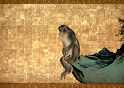 Nagasawa Rosetsu (1754-1799): Monkey on A Rock, ca. 1792 – 1794, Ink, colors and gold leaf on paper, mounted on screen, private collection, Japan.