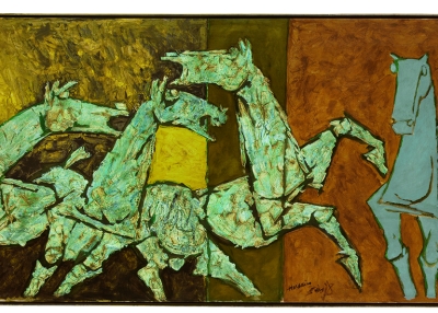 M. F. Husain. Sprinkling Horses, ca. 1975. Oil on canvas. H. 43 1/4 x W. 92 1/2 in. (109.9 x 235 cm). Anonymous. ©2011 Christie's Images Limited