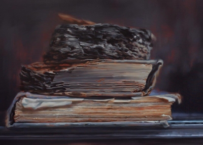 Xiaoze Xie. Through Fire (Books that Survived the Anti-Japanese War of Resistance at Tsinghua University No.2), 2017. Oil on canvas. H. 48 x W. 74 in. (122 x 188 cm). Courtesy of the artist and Chambers Fine Art. Photograph courtesy of the artist