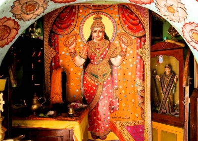 Goddess Pattini. Painted cloth, Modern.  Pattini Temple, Kataragama, Sri Lanka. Photo courtesy of Donald Stadtner 