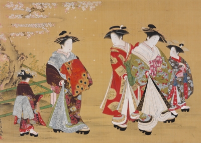 Kubo Shunman (1757–1820)  Courtesans Promenading under Blossoming Cherry  Japan  Edo period, 1781–89  Hanging scroll; ink and color on silk  H. 16⅝ x W. 24¾ in. (42.2 x 63 cm)  John C. Weber Collection Photography by John Bigelow Taylor, courtesy of John C. Weber Collection