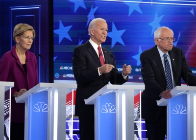 Elizabeth Warren, Joseph Biden, and Bernie Sanders during November's Democratic presidential debate